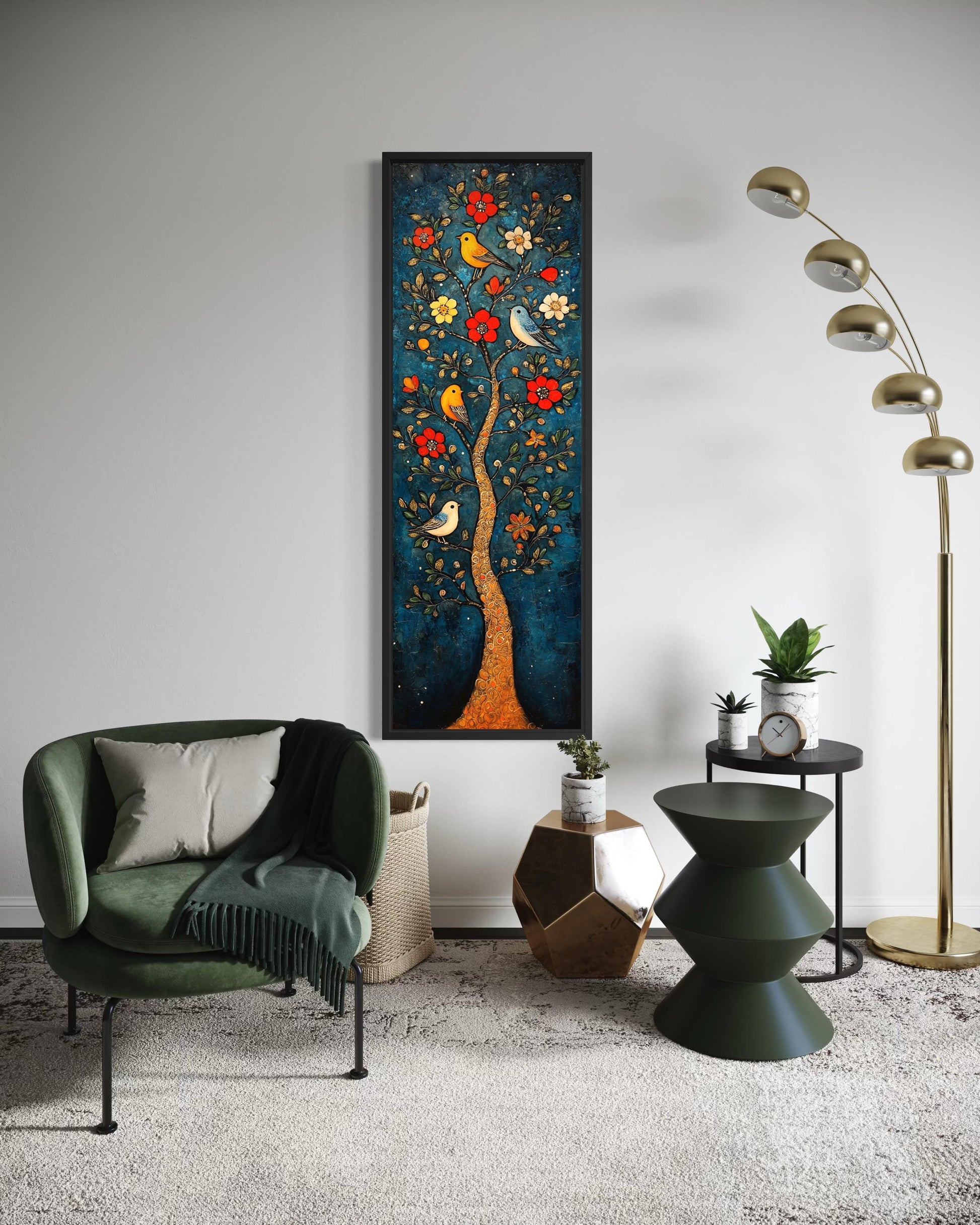 Colorful Vertical Thin Narrow Floral Tree With Birds Canvas Wall Art