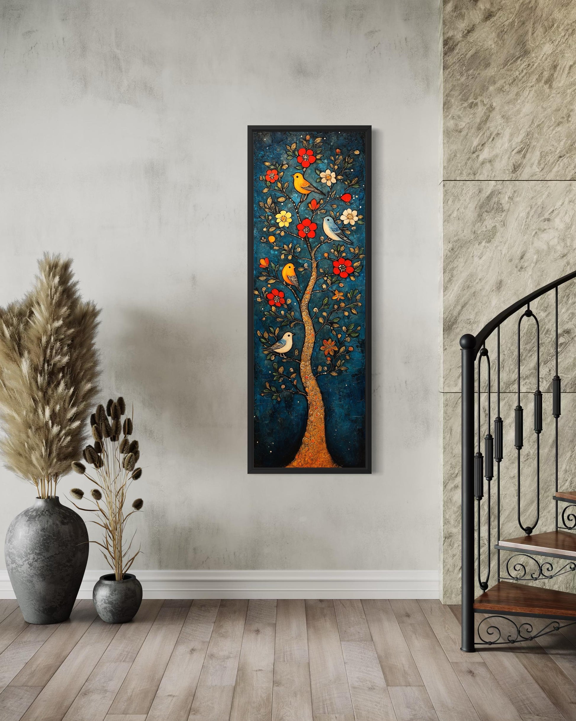 Colorful Vertical Thin Narrow Floral Tree With Birds Canvas Wall Art