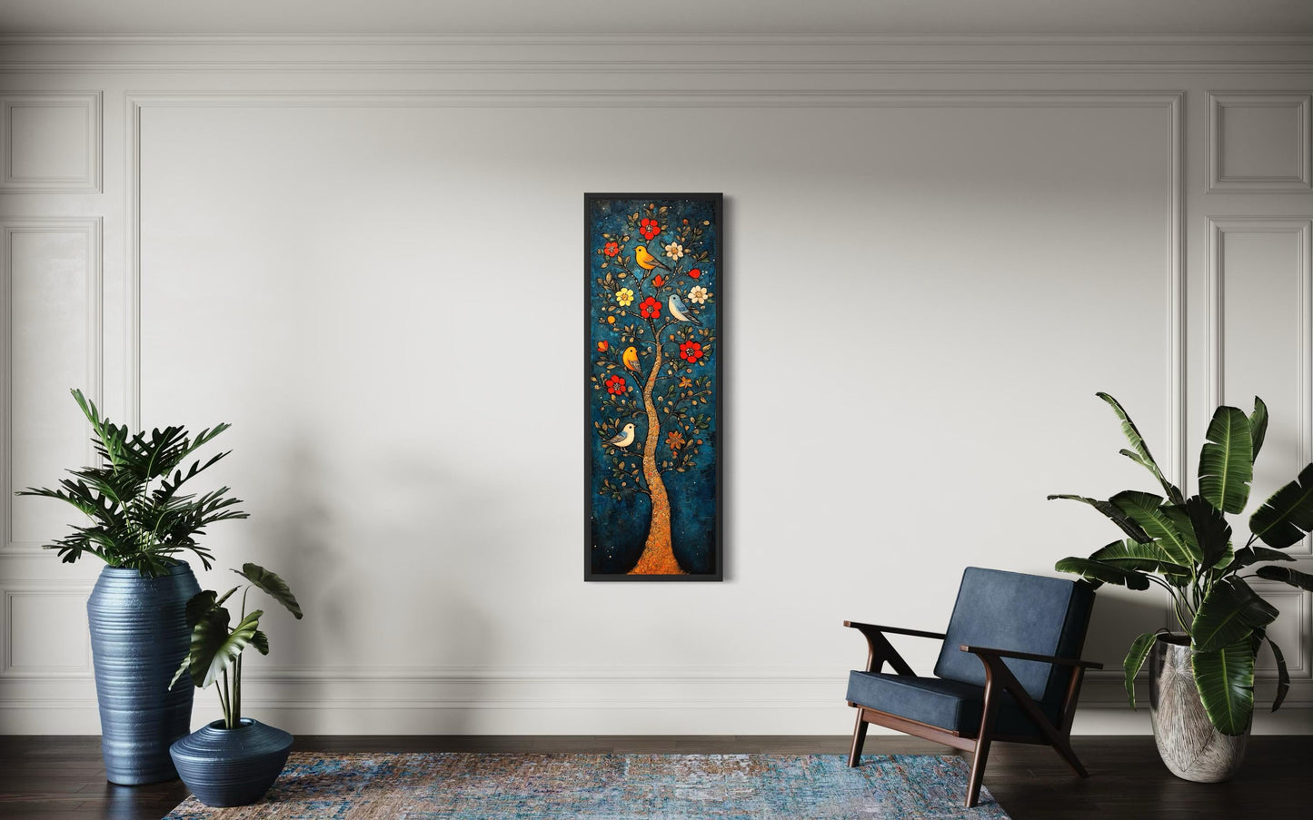 Colorful Vertical Thin Narrow Floral Tree With Birds Canvas Wall Art