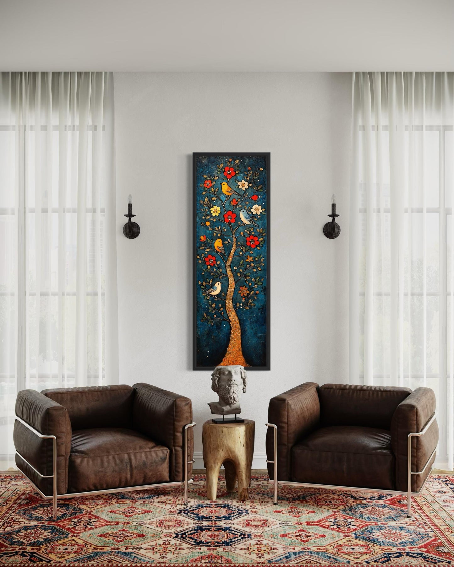 Colorful Vertical Thin Narrow Floral Tree With Birds Canvas Wall Art