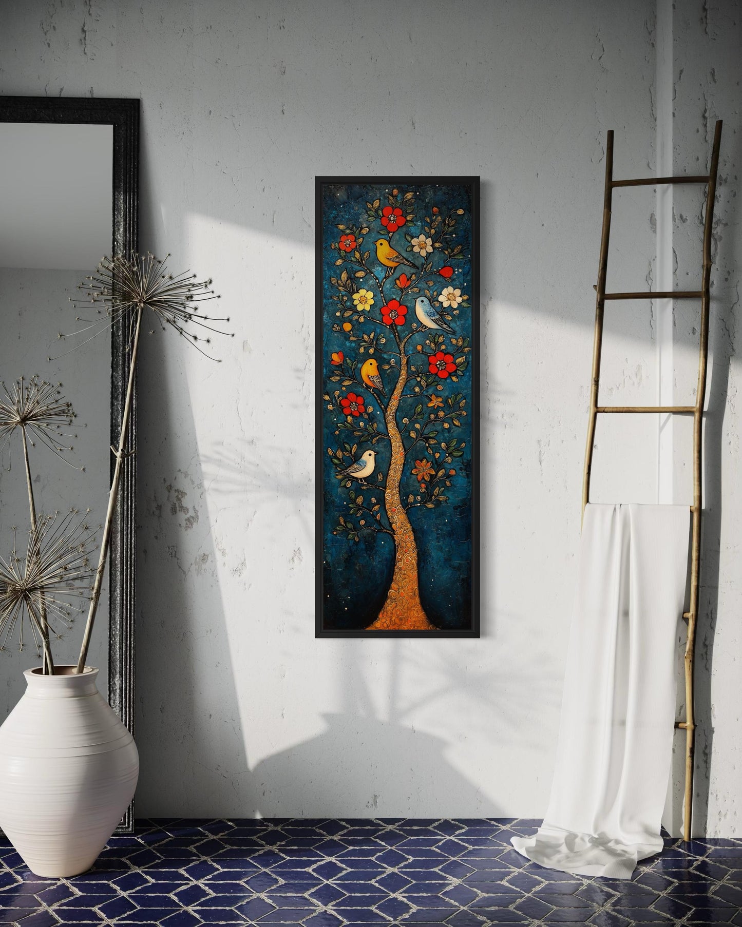 Colorful Vertical Thin Narrow Floral Tree With Birds Canvas Wall Art