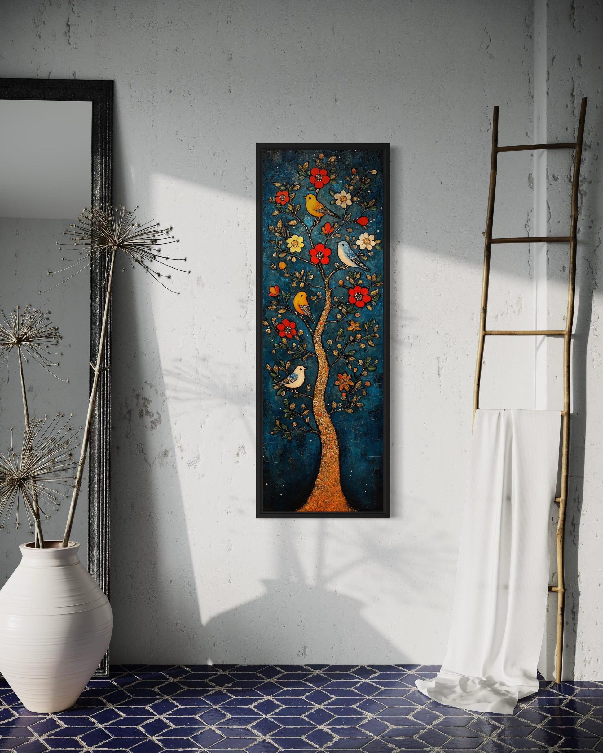 Colorful Vertical Thin Narrow Floral Tree With Birds Canvas Wall Art