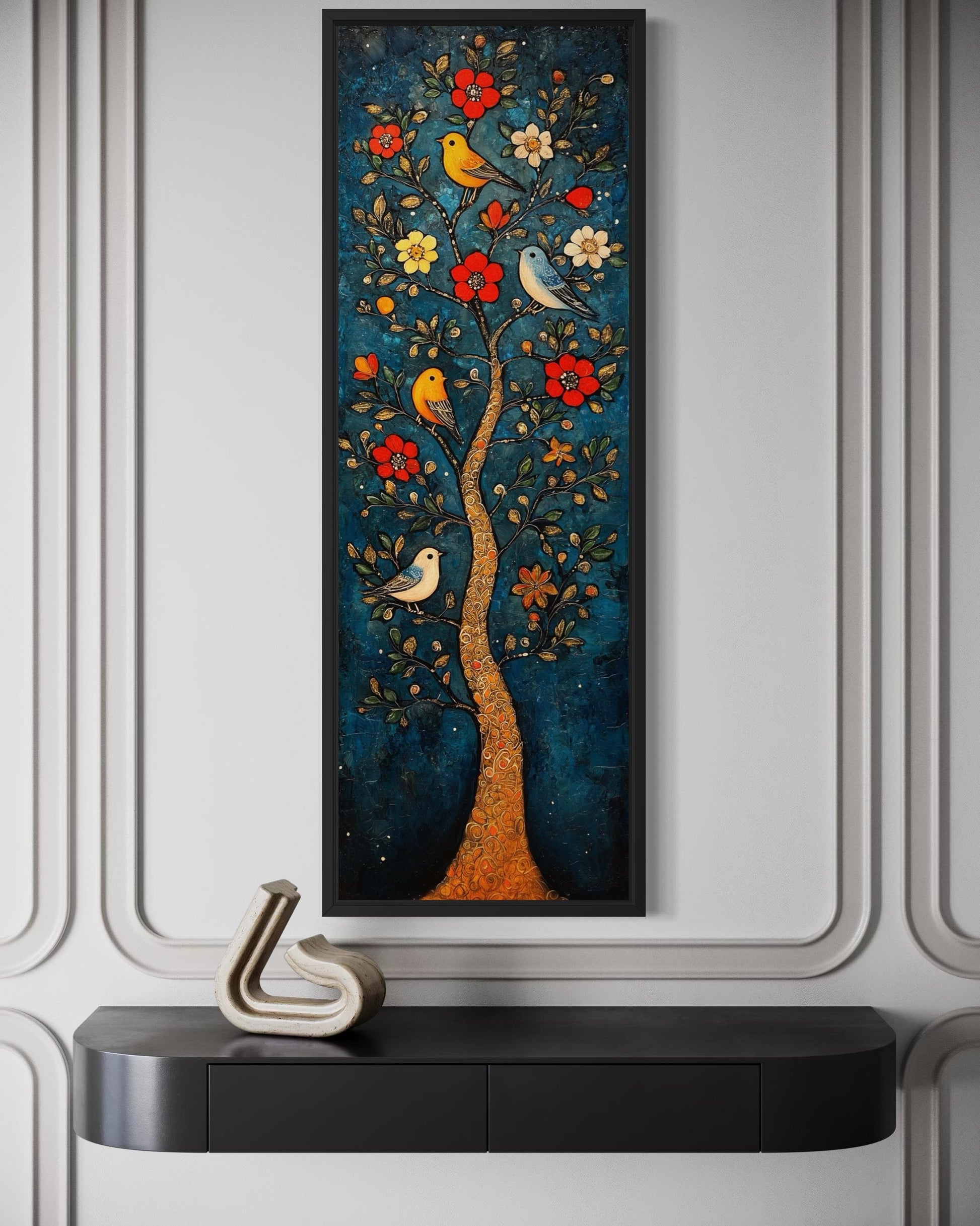 Colorful Vertical Thin Narrow Floral Tree With Birds Canvas Wall Art