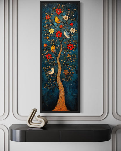 Colorful Vertical Thin Narrow Floral Tree With Birds Canvas Wall Art