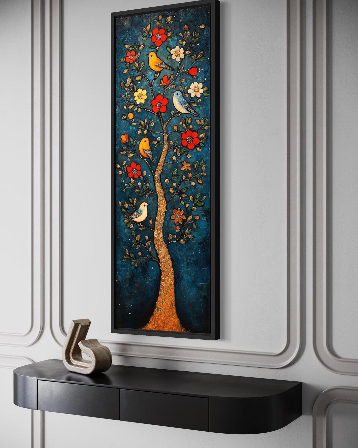 Colorful Vertical Thin Narrow Floral Tree With Birds Canvas Wall Art