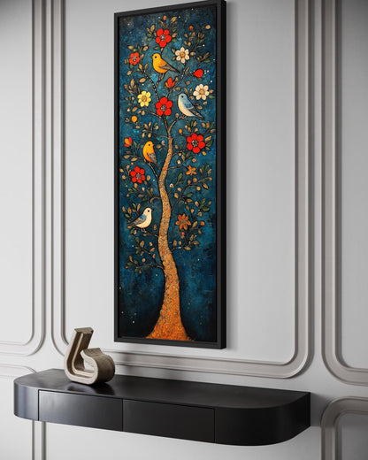 Colorful Vertical Thin Narrow Floral Tree With Birds Canvas Wall Art