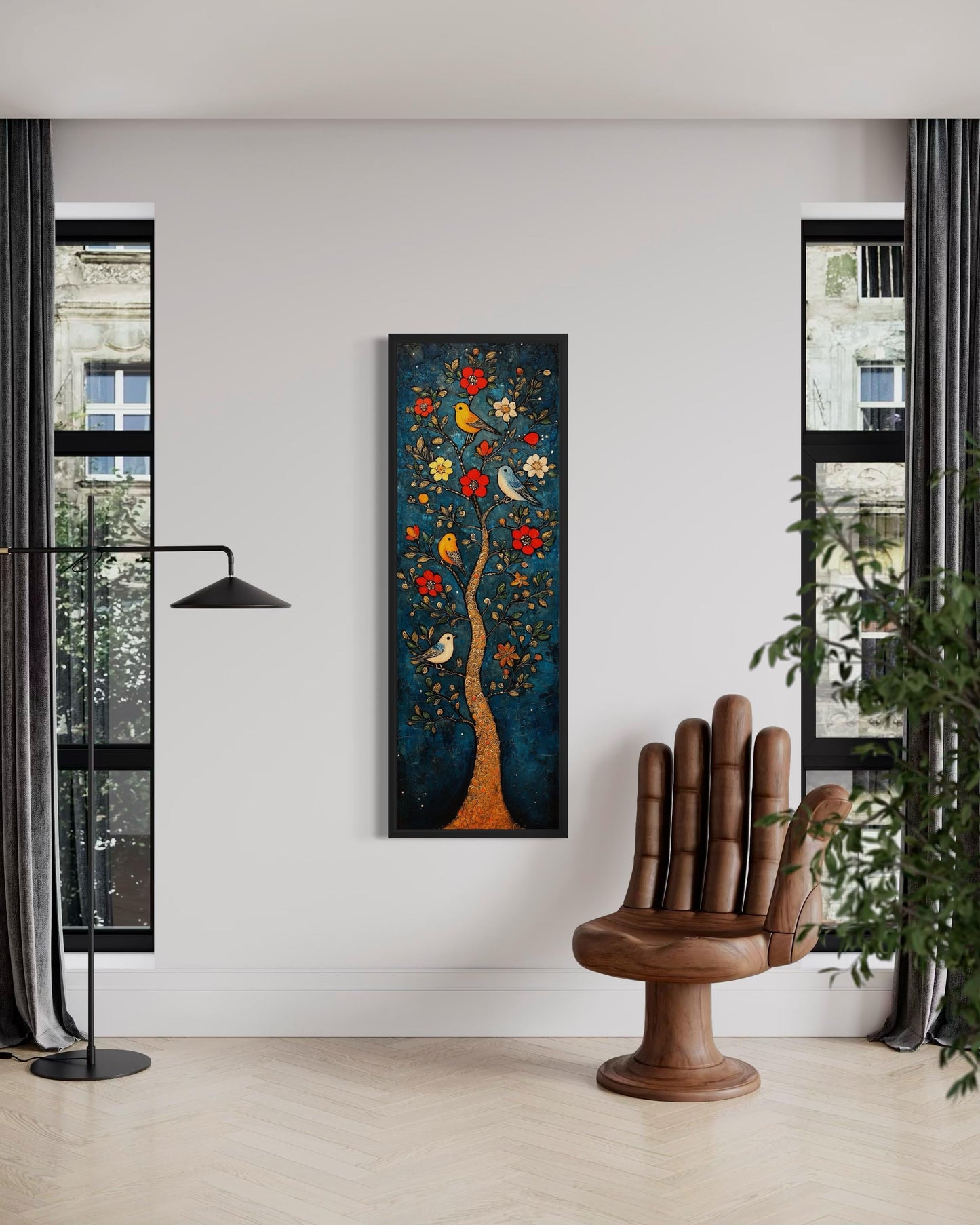 Colorful Vertical Thin Narrow Floral Tree With Birds Canvas Wall Art