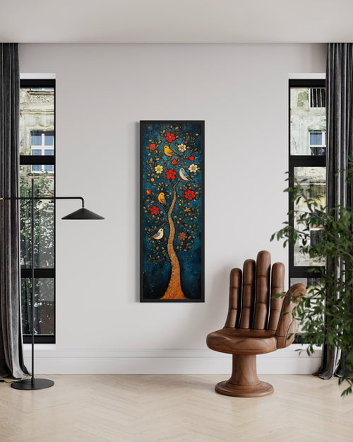 Colorful Vertical Thin Narrow Floral Tree With Birds Canvas Wall Art