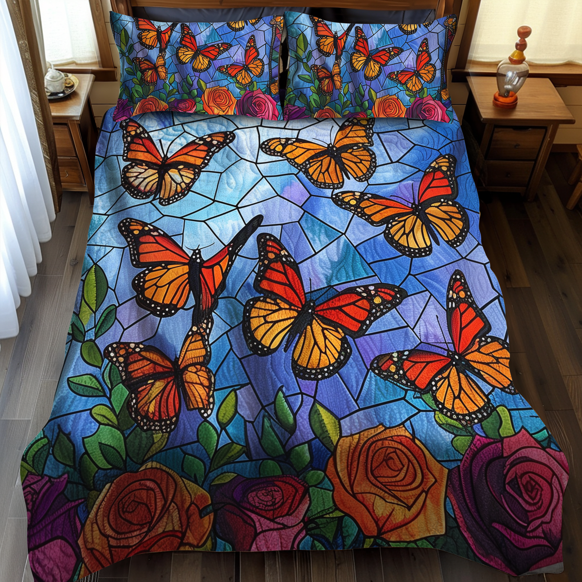 Colorful Monarch Butterflies 3-Piece Quilted Bedding Set - Single (59" x 70")