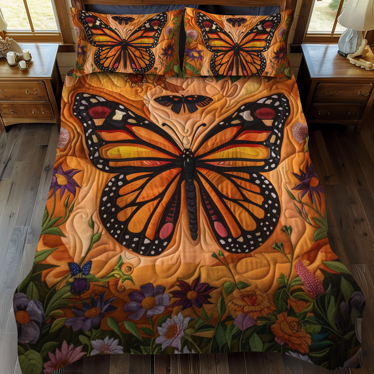 Colorful Monarch Butterflies 3-Piece Quilted Bedding Set - Single (59" x 70")