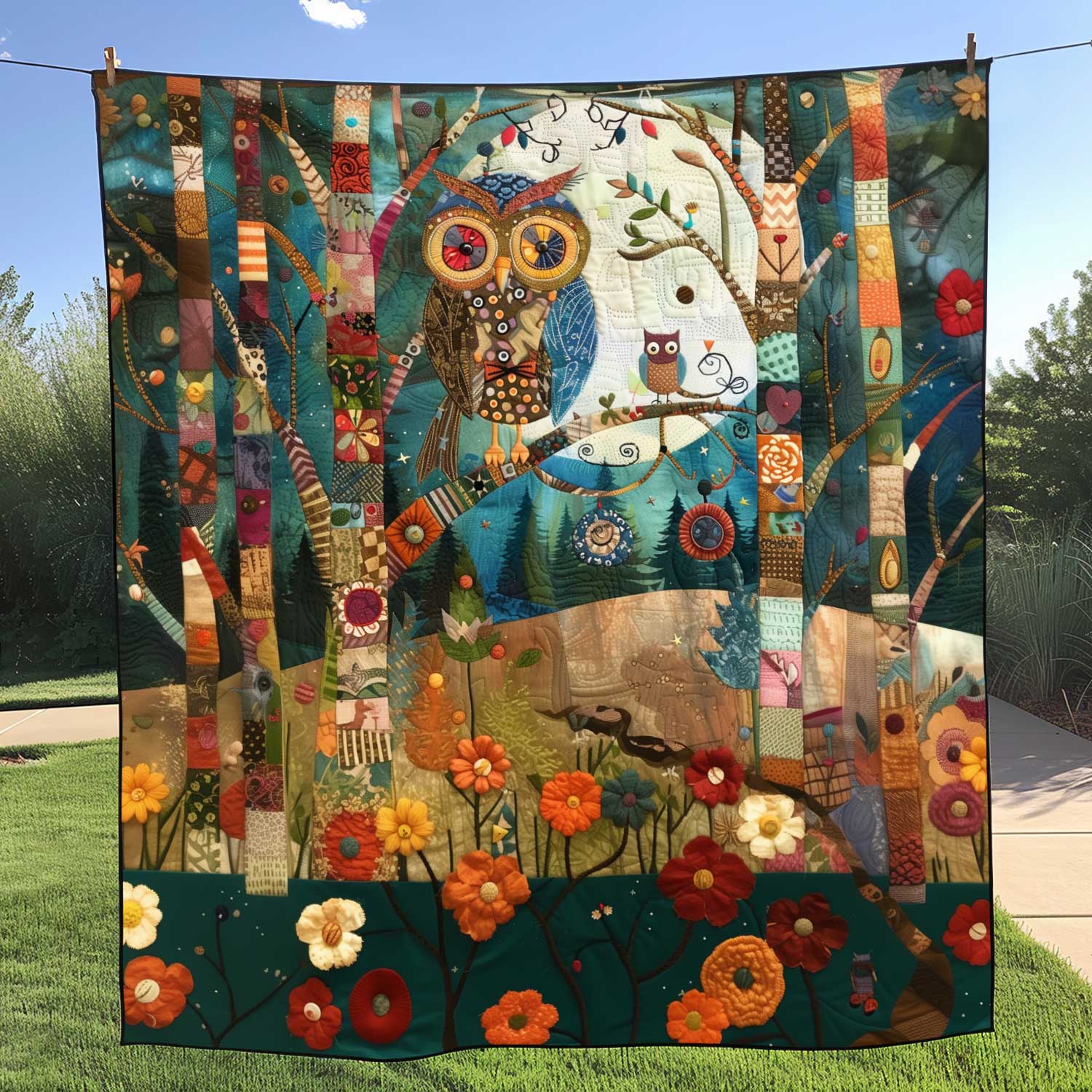Colorful Owl Patchwork Quilted Blanket - Throw (55" x 60")