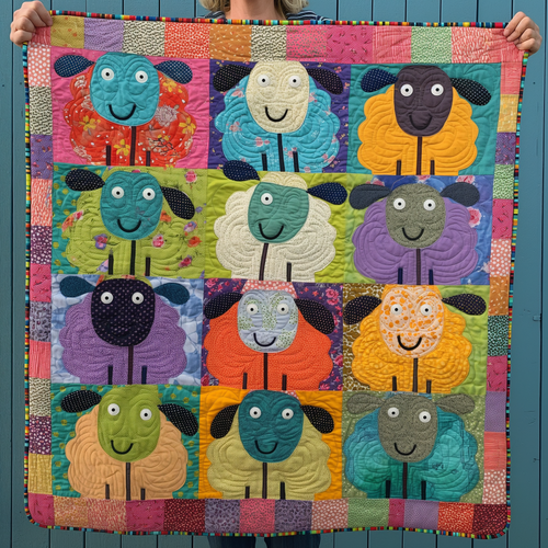 Colorful Pasture Sheep Quilted Blanket - Throw (55" x 60")