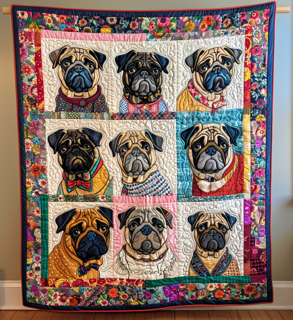 Colorful Pugs Quilted Blanket - Throw (55" x 60")