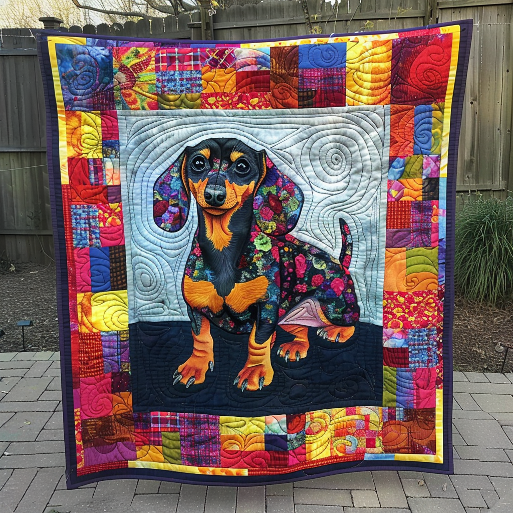 Colorful Weenie Puppy Quilted Blanket - Throw (55" x 60")