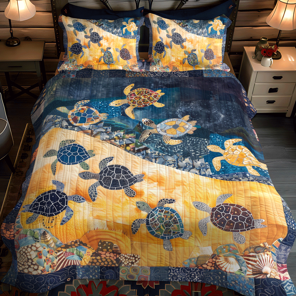 Colorful Baby Turtles 3-Piece Quilted Bedding Set - Single (59" x 70")
