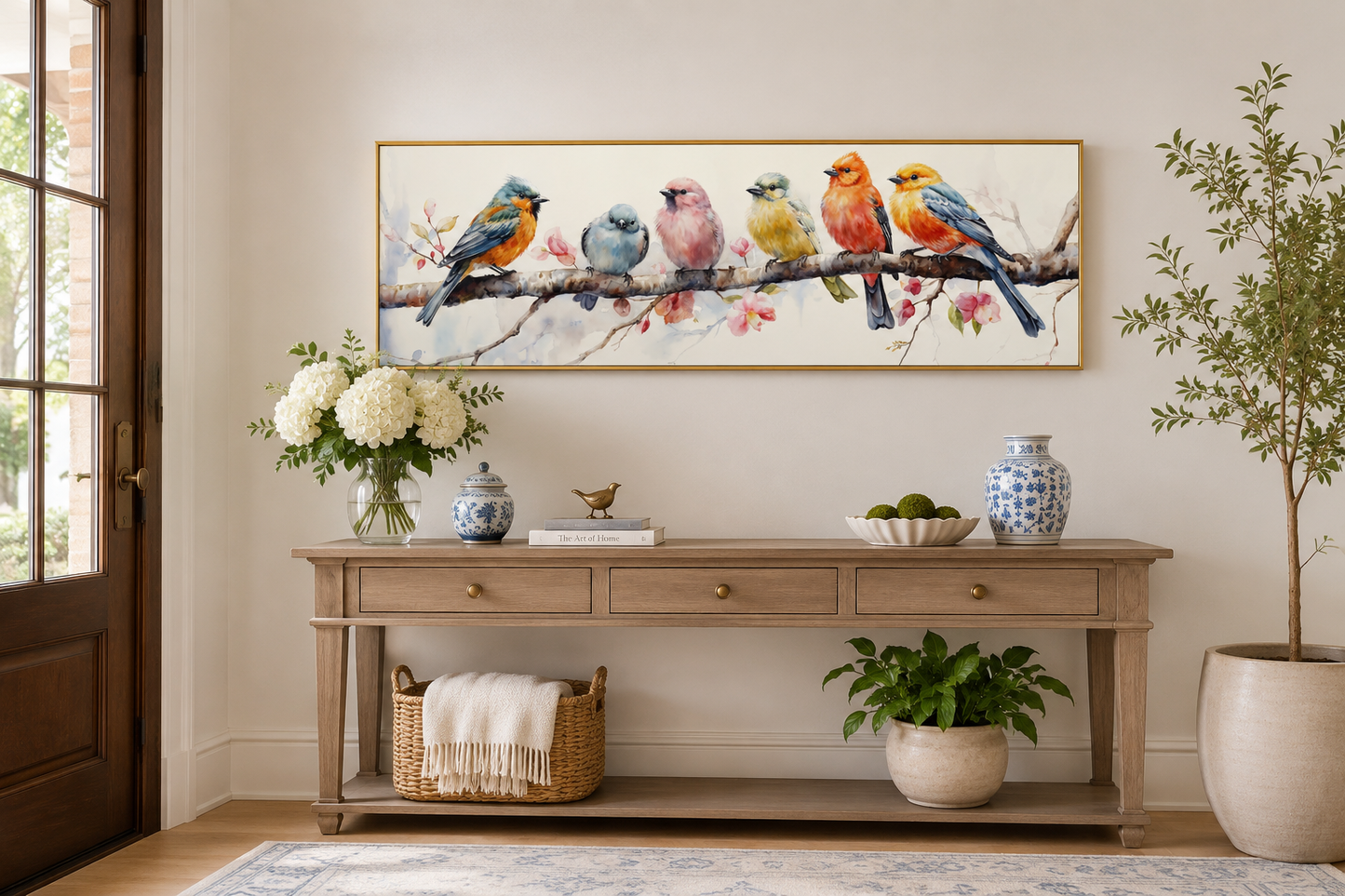 Colorful Birds On Branch Long Horizontal Above Bed Wall Art