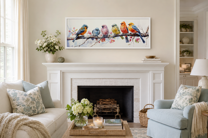 Colorful Birds On Branch Long Horizontal Above Bed Wall Art