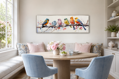 Colorful Birds On Branch Long Horizontal Above Bed Wall Art