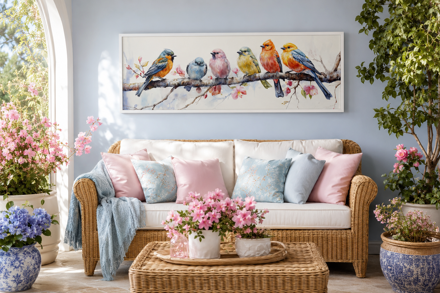 Colorful Birds On Branch Long Horizontal Above Bed Wall Art