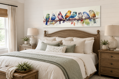 Colorful Birds On A Branch Horizontal Framed Canvas Wall Art