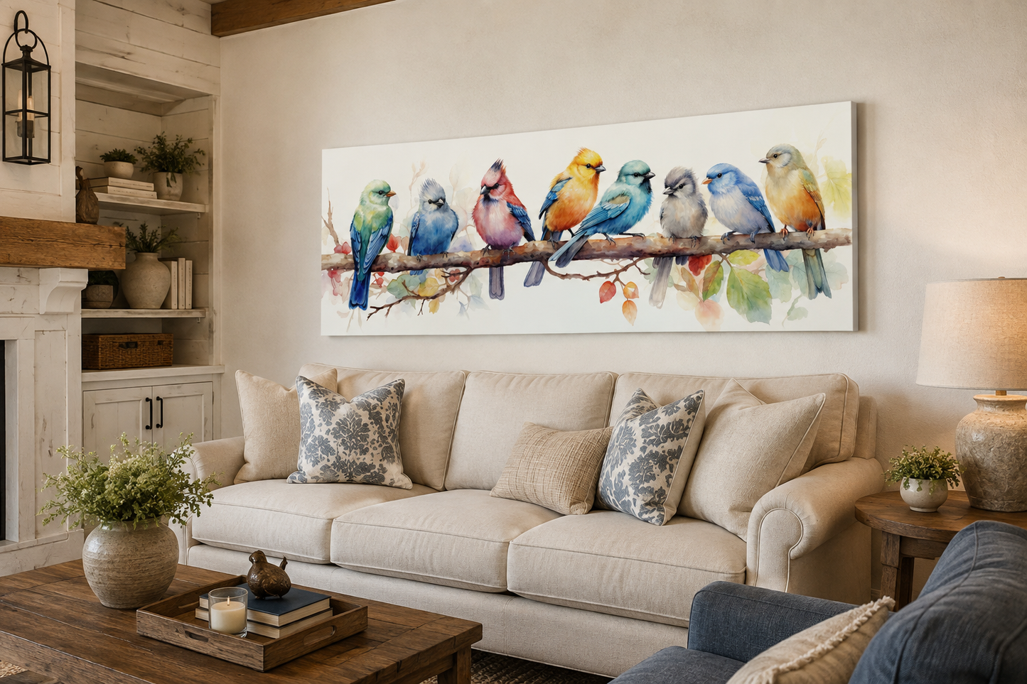 Colorful Birds On A Branch Horizontal Framed Canvas Wall Art