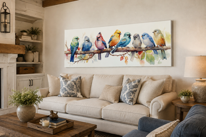 Colorful Birds On A Branch Horizontal Framed Canvas Wall Art