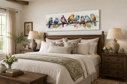 Colorful Birds On A Branch Horizontal Framed Canvas Wall Art