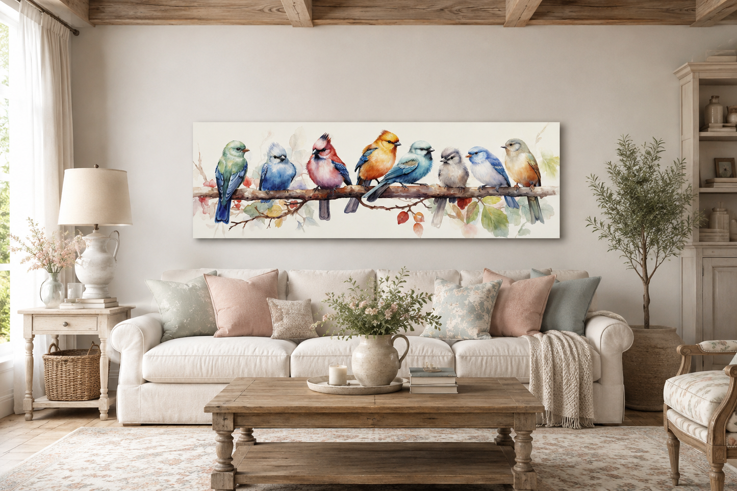 Colorful Birds On A Branch Horizontal Framed Canvas Wall Art