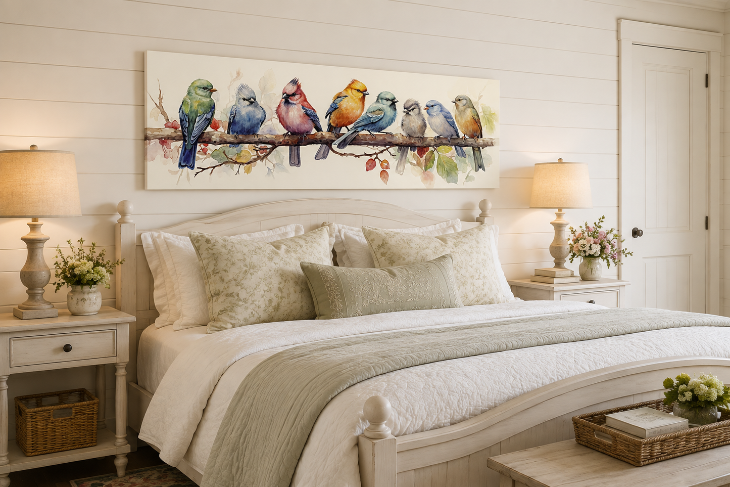 Colorful Birds On A Branch Horizontal Framed Canvas Wall Art