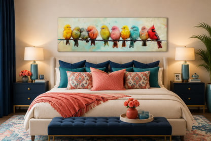 Colorful Birds On A Wire Long Horizontal Canvas Wall Art