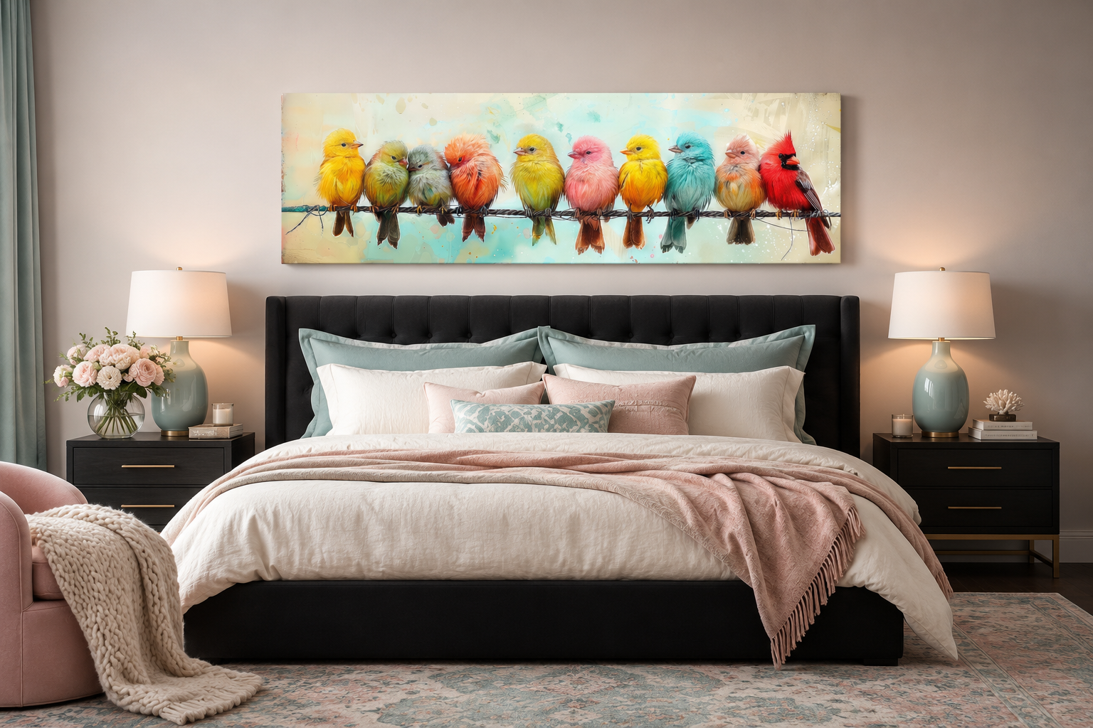 Colorful Birds On A Wire Long Horizontal Canvas Wall Art
