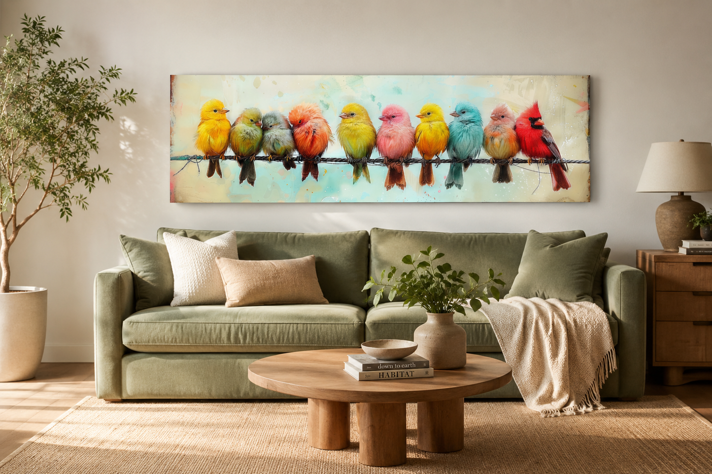 Colorful Birds On A Wire Long Horizontal Canvas Wall Art