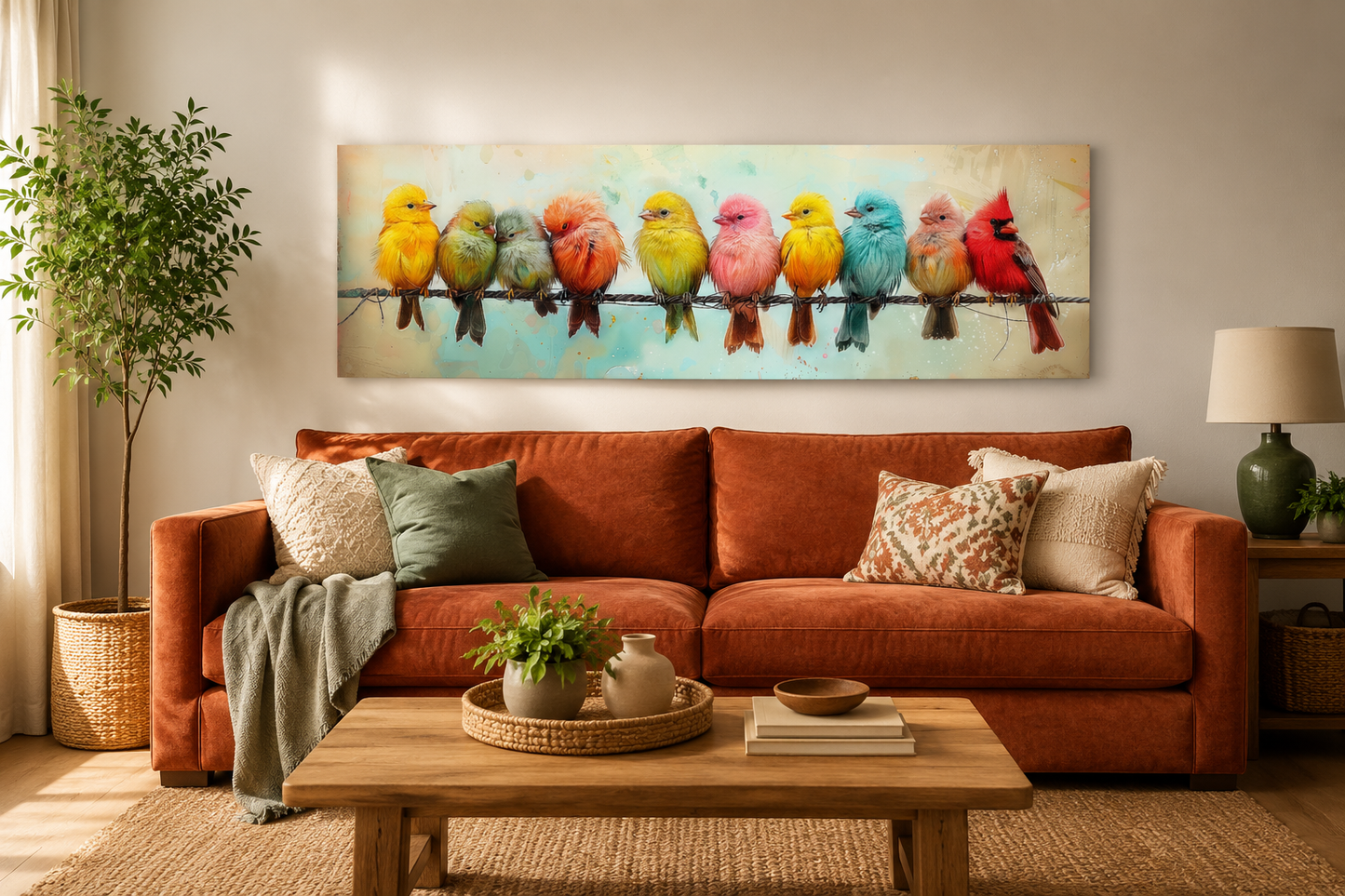 Colorful Birds On A Wire Long Horizontal Canvas Wall Art