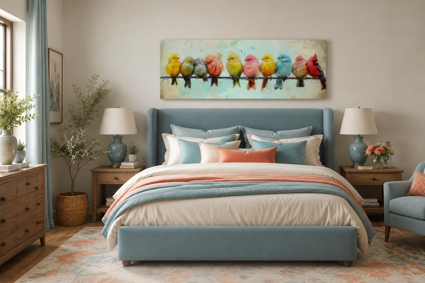 Colorful Birds On A Wire Long Horizontal Canvas Wall Art