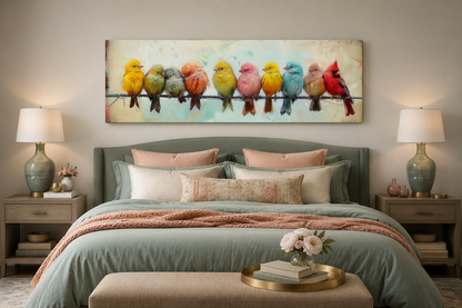 Colorful Birds On A Wire Long Horizontal Canvas Wall Art