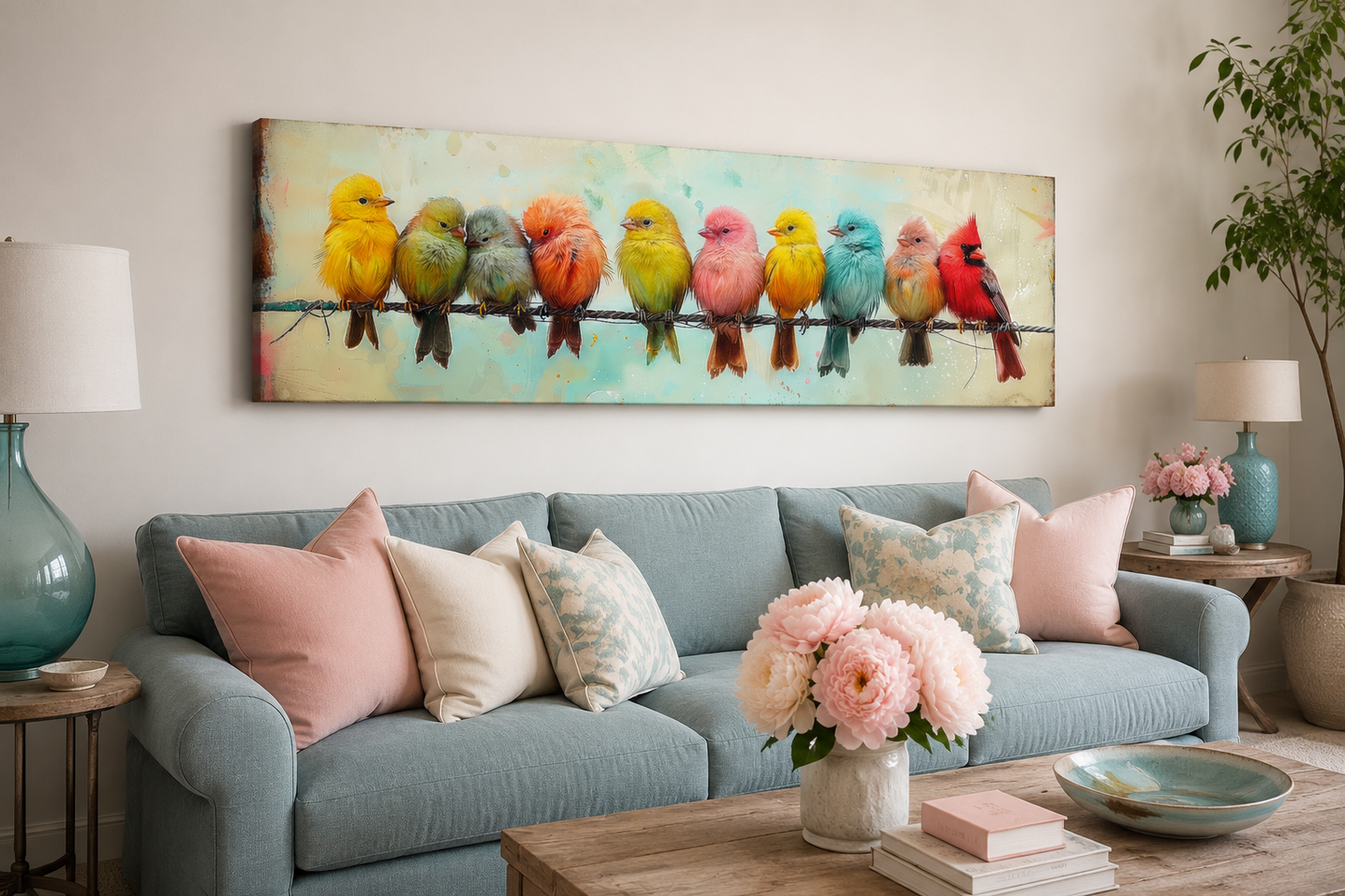 Colorful Birds On A Wire Long Horizontal Canvas Wall Art