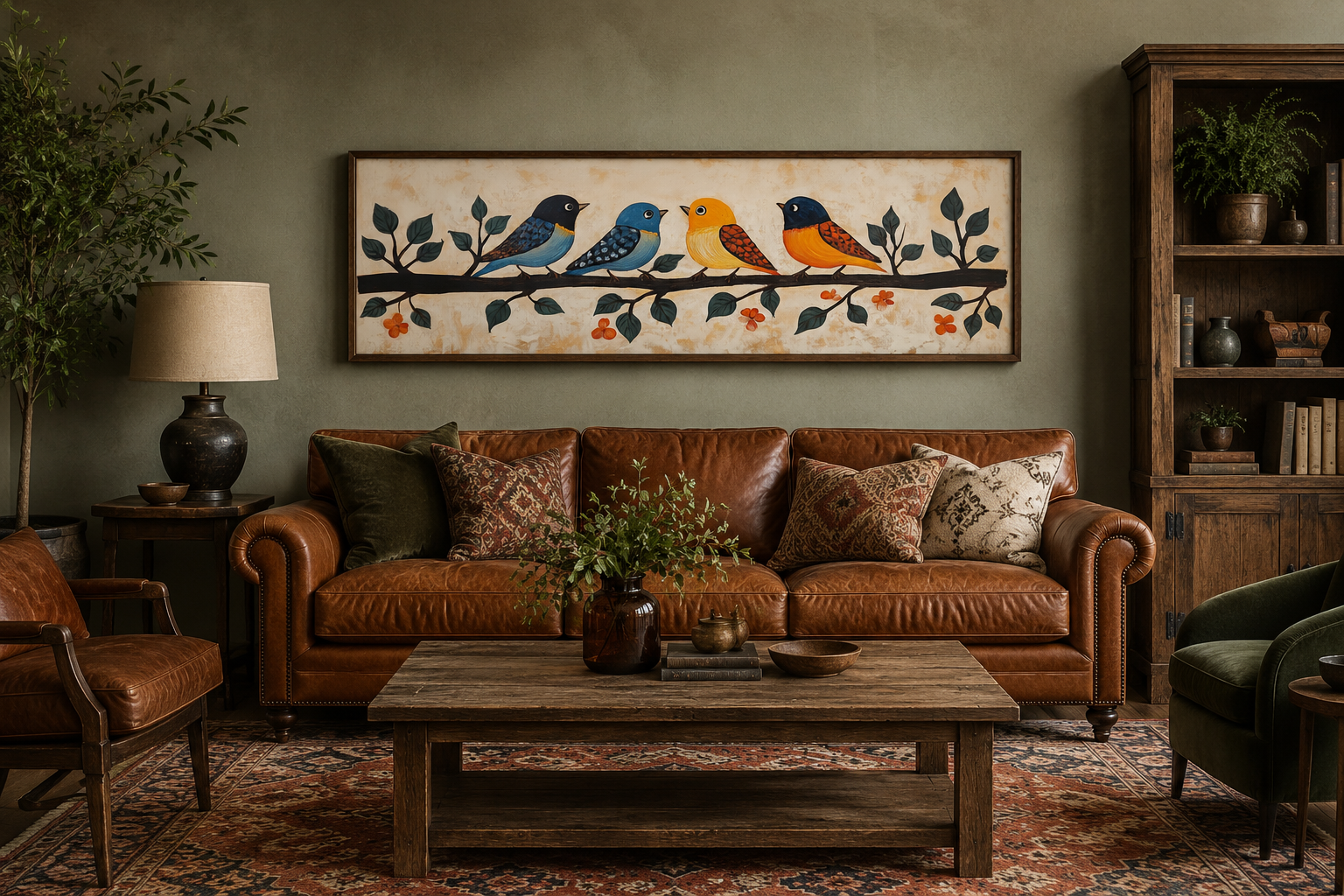 Colorful Birds Wall Art - Long Narrow Canvas Print | Folk Style Painting Above Bed