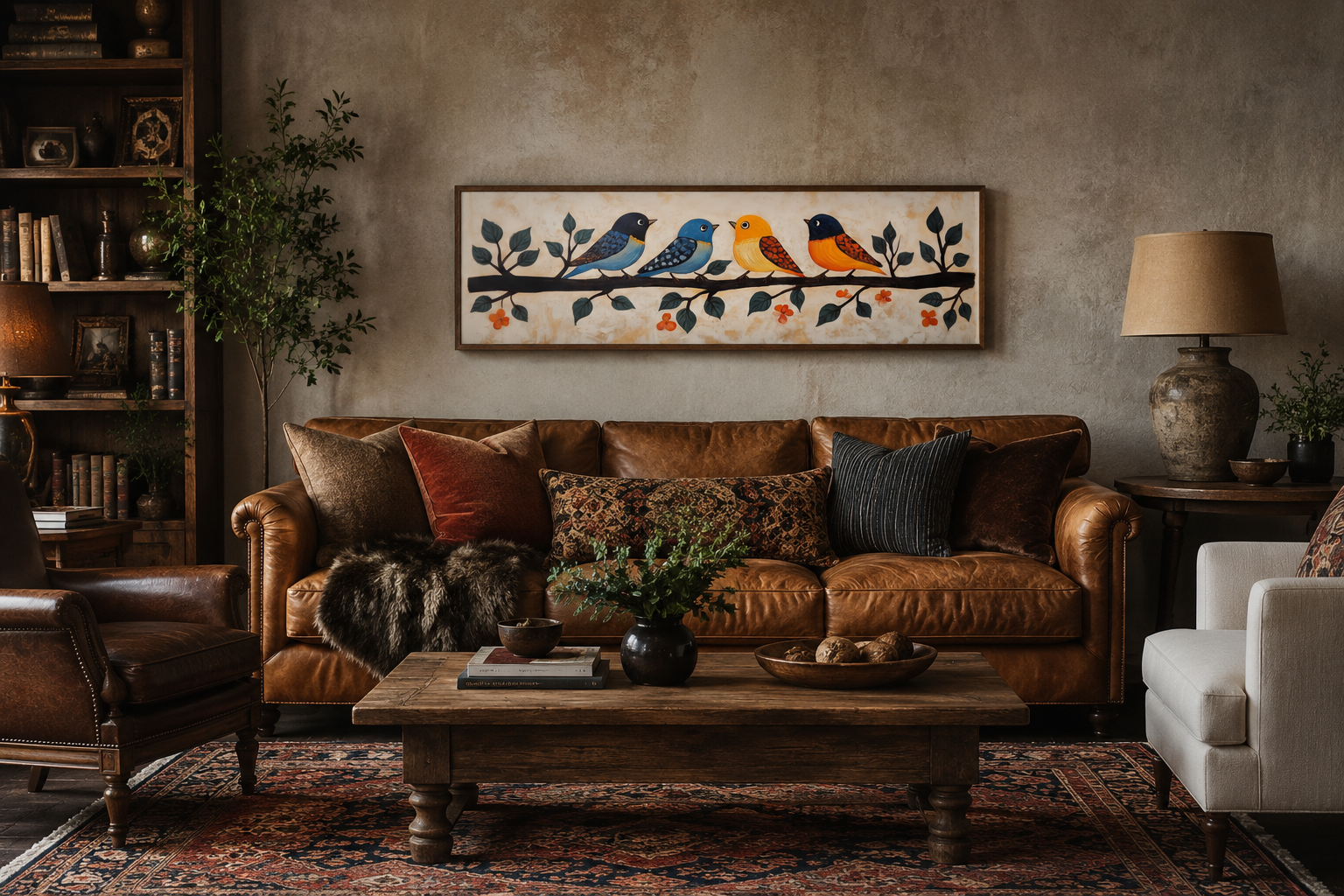 Colorful Birds Wall Art - Long Narrow Canvas Print | Folk Style Painting Above Bed
