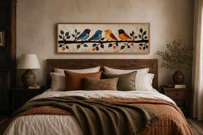 Colorful Birds Wall Art - Long Narrow Canvas Print | Folk Style Painting Above Bed