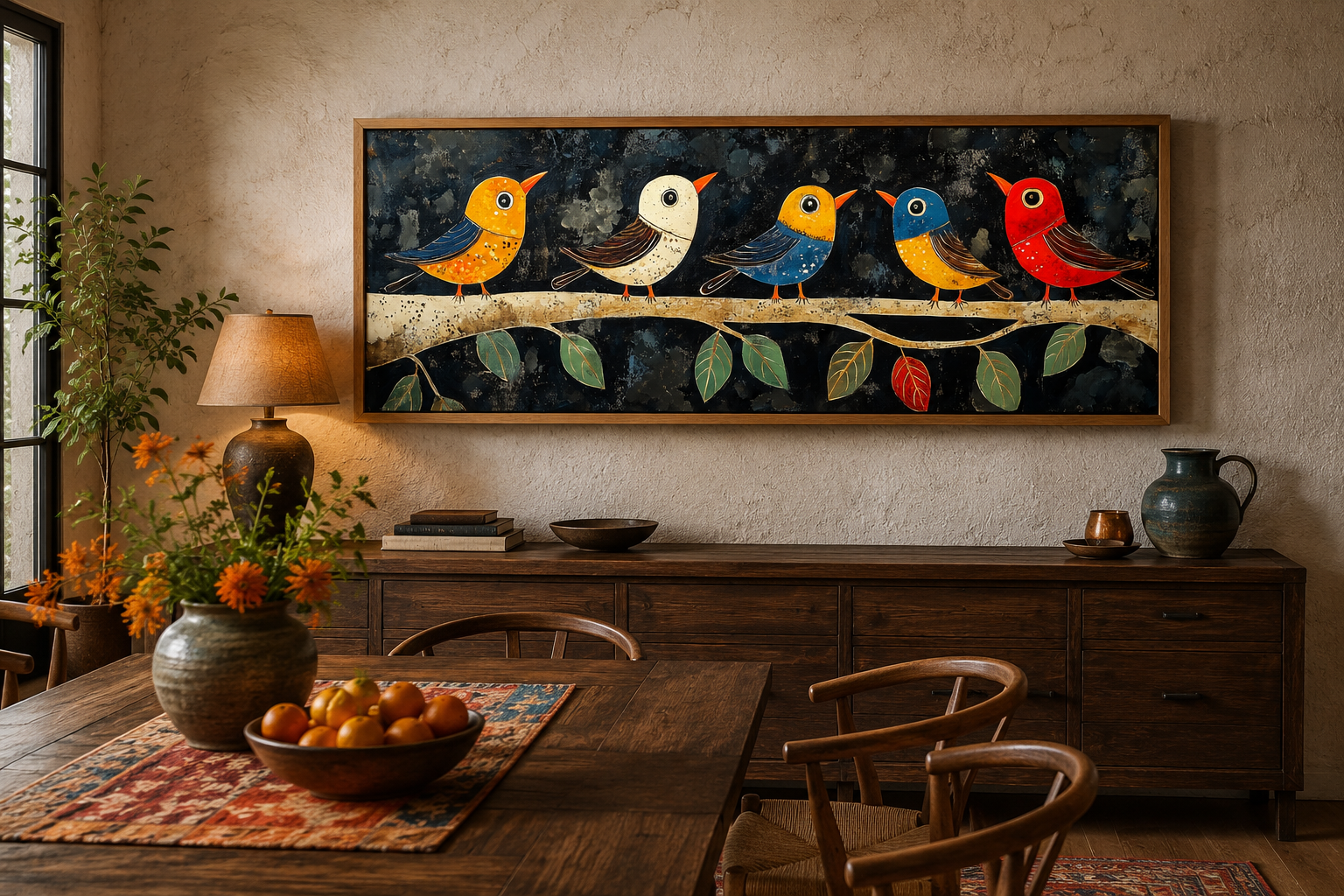 Modern Colorful Folk Style Birds on a Branch Long Narrow Canvas Wall Art