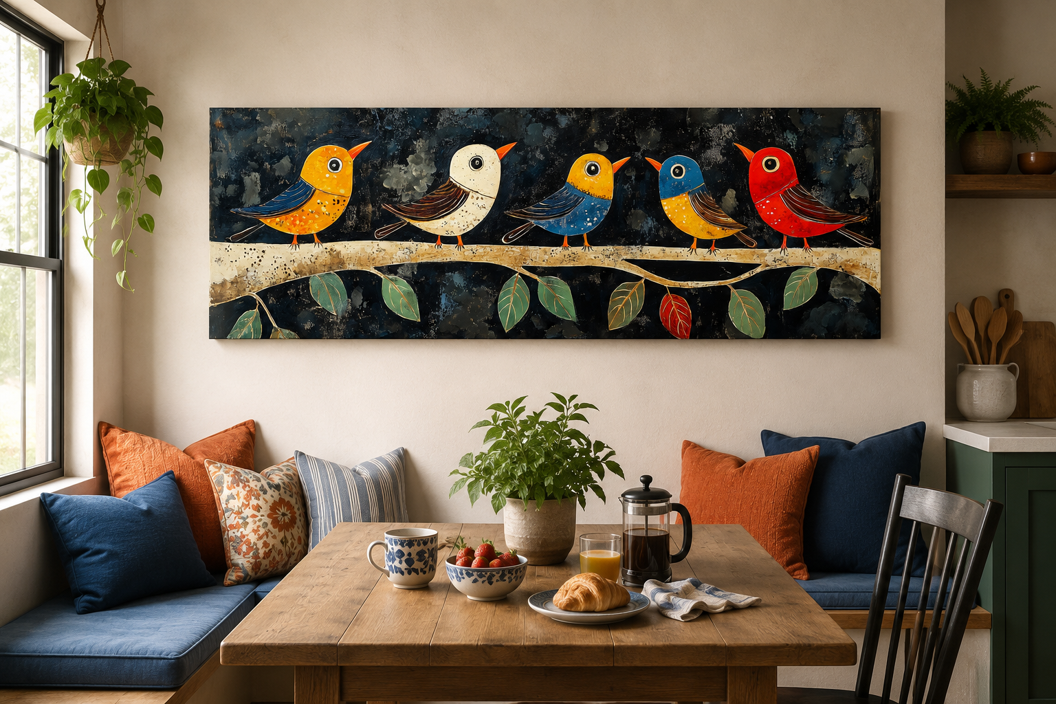 Modern Colorful Folk Style Birds on a Branch Long Narrow Canvas Wall Art