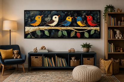 Modern Colorful Folk Style Birds on a Branch Long Narrow Canvas Wall Art