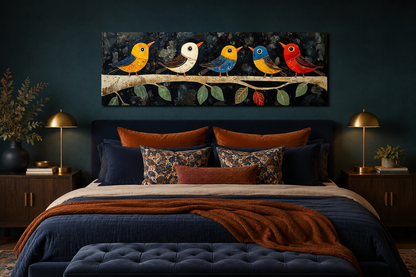 Modern Colorful Folk Style Birds on a Branch Long Narrow Canvas Wall Art