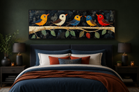 Modern Colorful Folk Style Birds on a Branch Long Narrow Canvas Wall Art