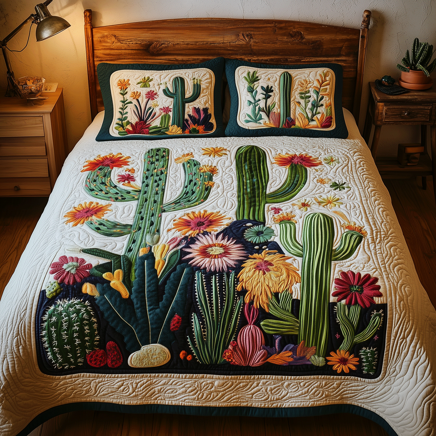 Colorful Cactus 3-Piece Quilted Bedding Set - Single (59" x 70")