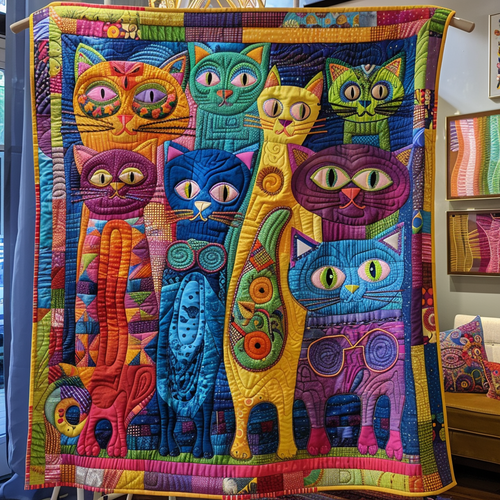 Colorful Cats and Flowers Quilted Blanket - Throw (55" x 60")