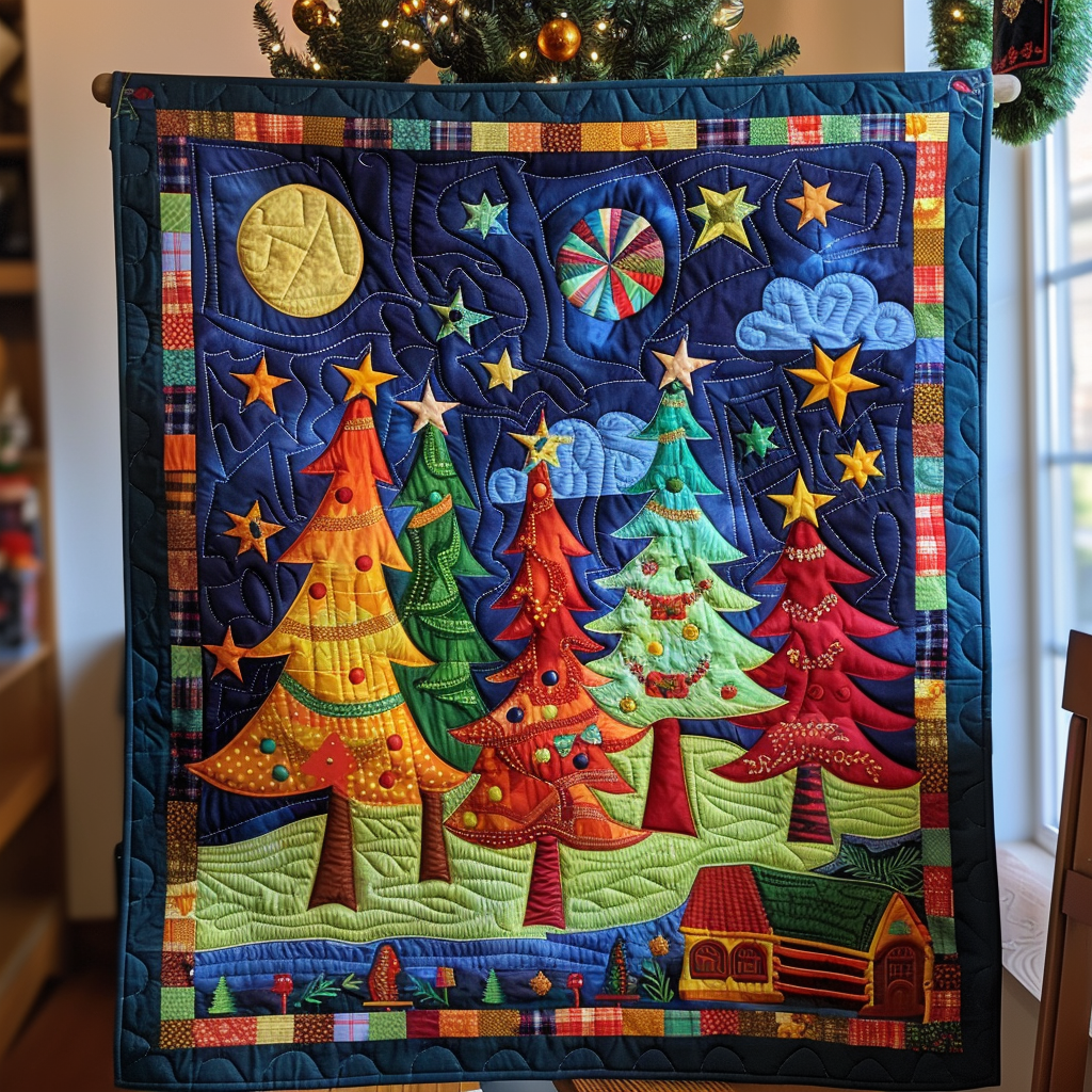 Colorful Christmas Tree Quilted Blanket - Throw (55" x 60")