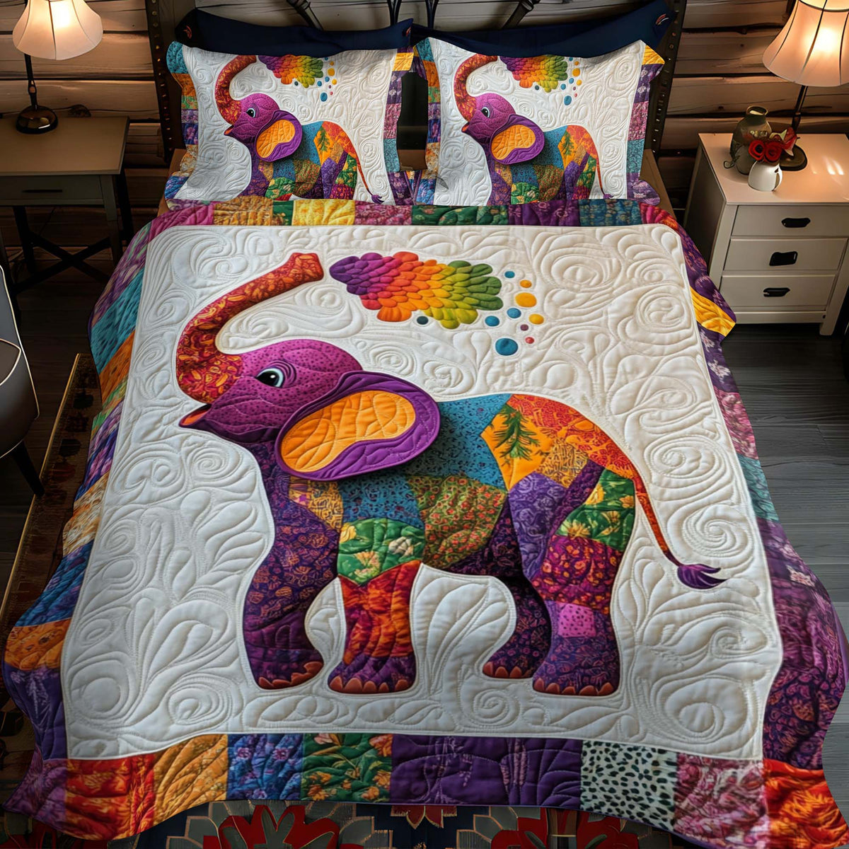 Colorful Elephant 3-Piece Quilted Bedding Set - Single (59" x 70")