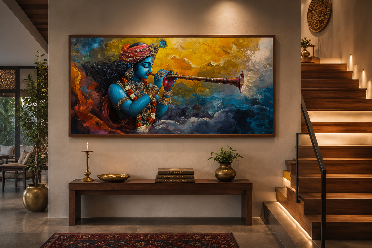 Colorful Krishna Playing Flute Framed Horizontal Canvas Wall Art