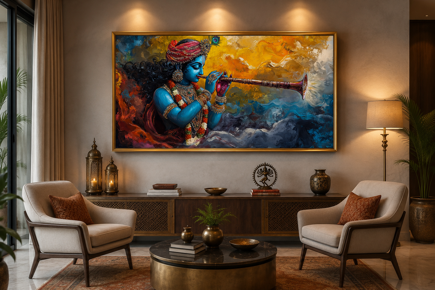 Colorful Krishna Playing Flute Framed Horizontal Canvas Wall Art